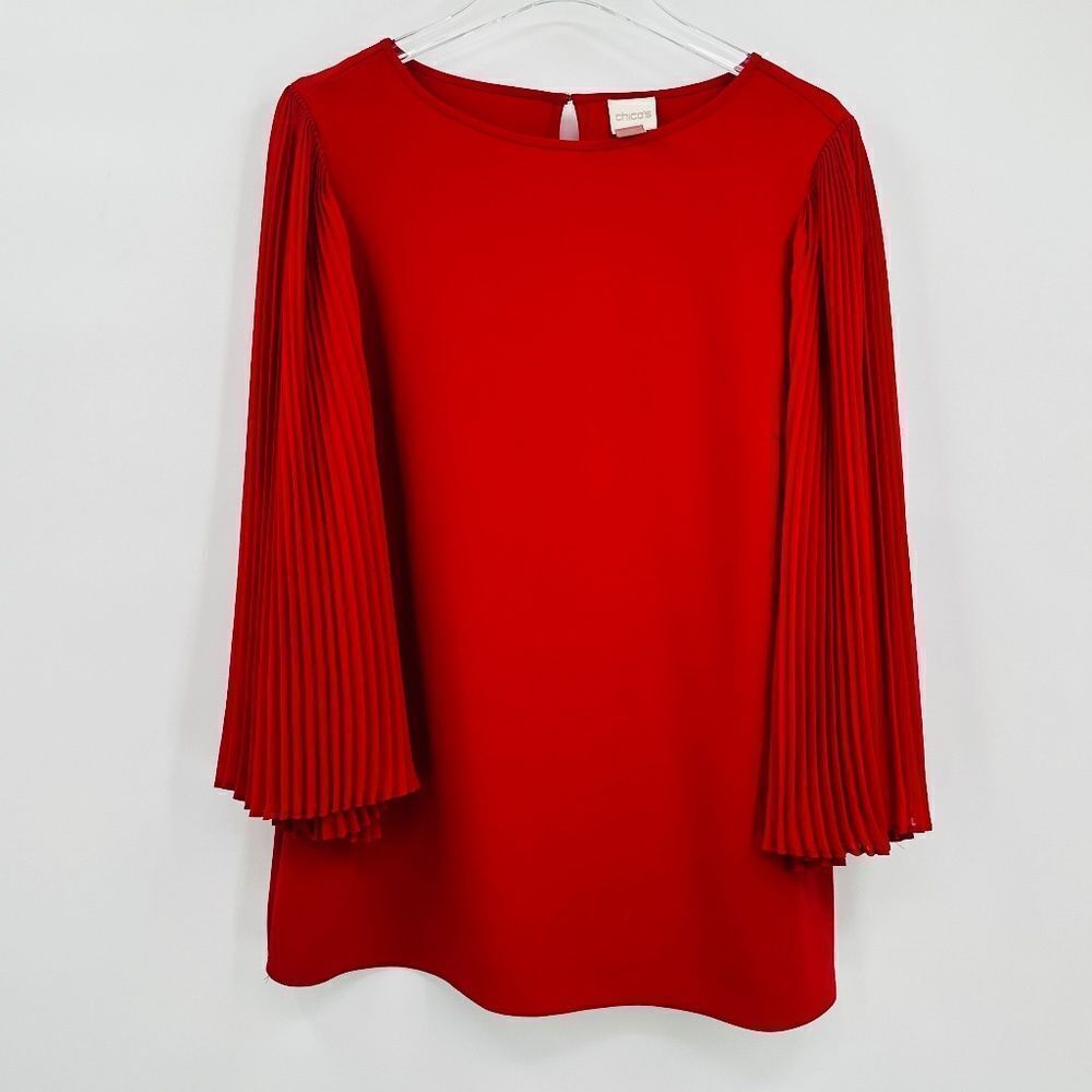 Chico’s Size 1 Small Red Pleated Sleeve Career Blouse Top